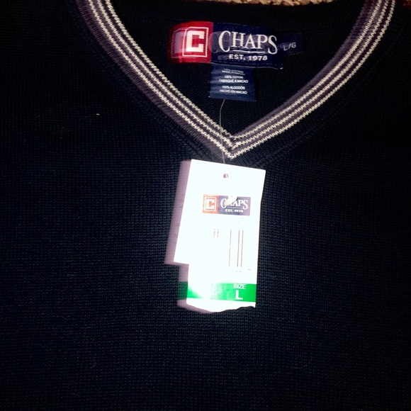 🔷NEW! CHAPS Cotton V-neck Pullover Swtr (Dark Blue w-white trim accent)Sz Large - Picture 3 of 7